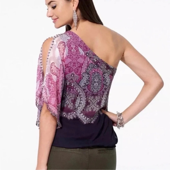 New Cache One Shoulder 100% Silk Embellished Top Paisley Print Size Small Beaded - Picture 2 of 16